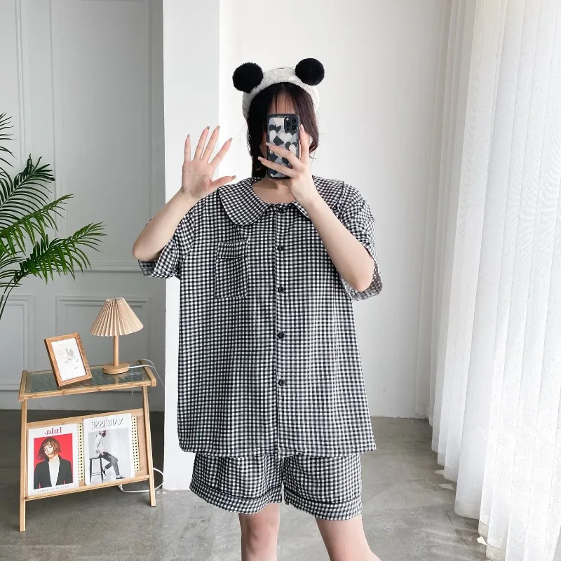 5XL Plus Size Summer Plaid Pajamas Set Women Sweet Short Sleeve Shorts Loungewear 2024 Ins Korean Style Students Home Clothes