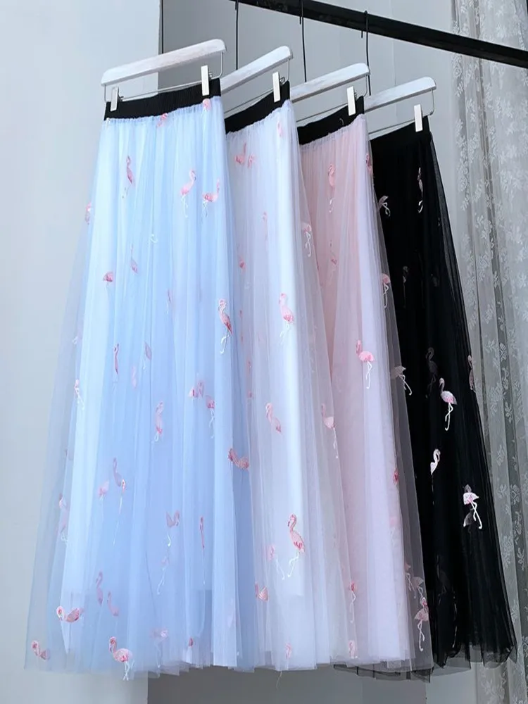 Elegant High Waist Mesh Half Skirt Embroidered Heavy Work Versatile Short Women's Midi Fairy Skirt Polyester Fiber A-Line Skirt