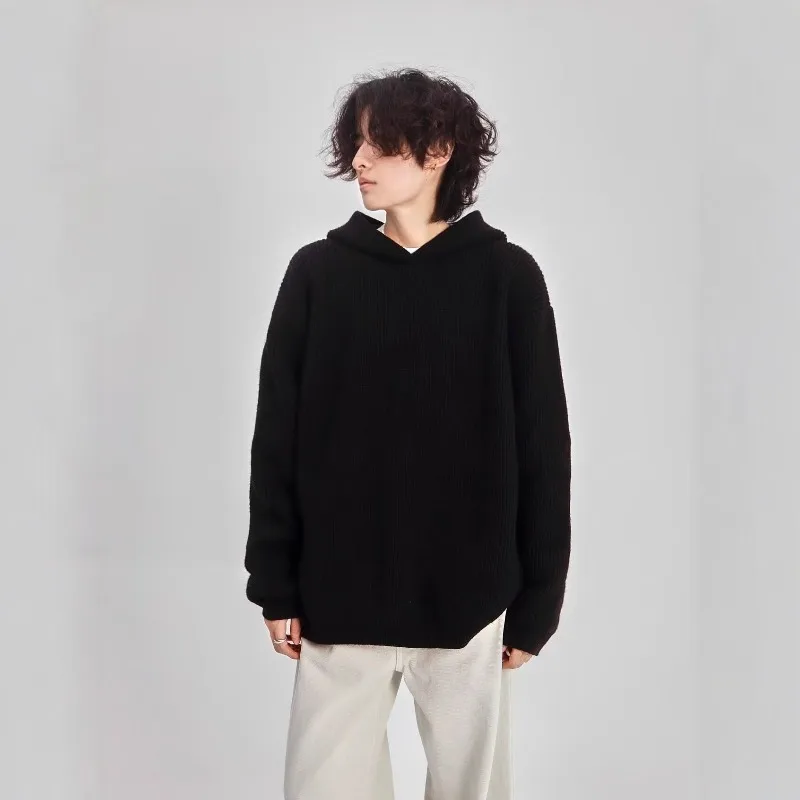 2026 Autumn Winter Simple Solid Color Knitted Men's Hoodie Tops Korean Fashion Casual Loose Hooded Sweatshirt Coats Streetwear