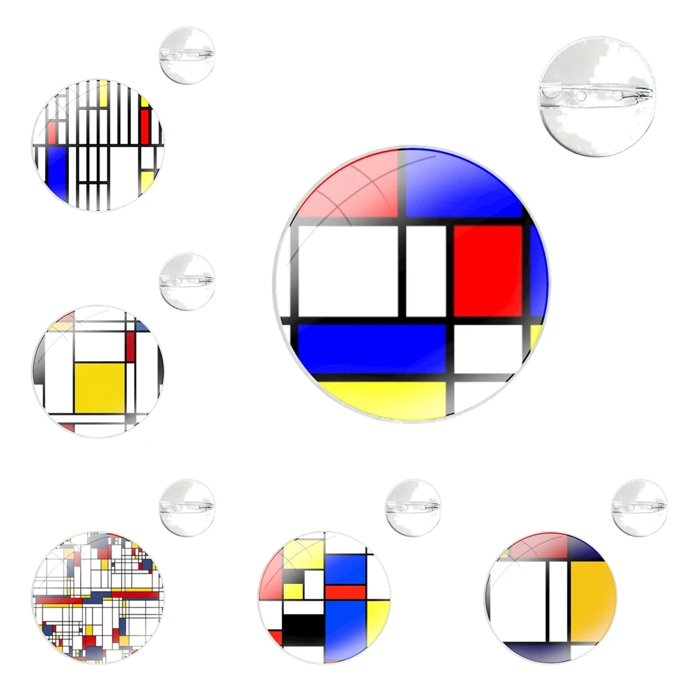 Mondrian grid Glass Dome Brooches Badge Pins For Clothes Hat Shirt Lapel Bag