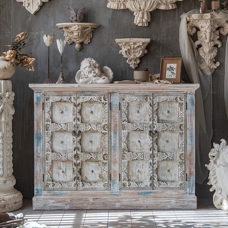 Entrance cabinet, solid wood homestay, retro old decoration, wine cabinet, sideboard integrated against the wall for home