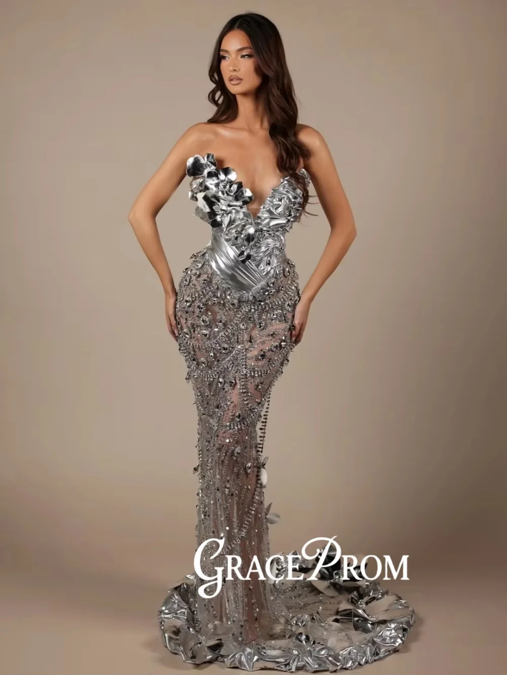 

Chic Silver 3D Floral Crystal Evening Dress Stunning Floor-length Mermaid Wedding Party Gown Customized Luxury Banquet Dresses