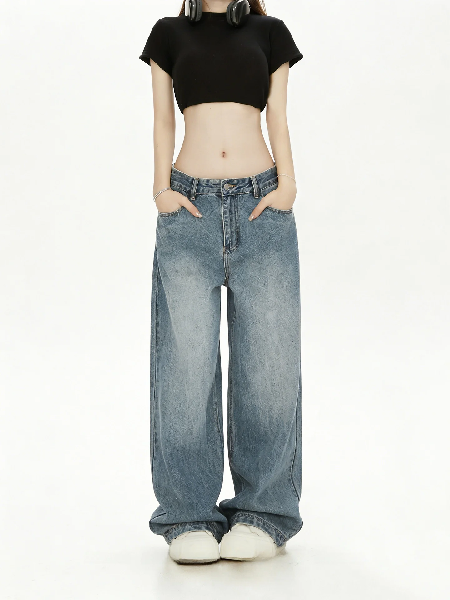 

Washed American Casual Chic Women's Jeans Spring Autumn New Loose Straight Leg Design Sense Small Audience Denim Pants