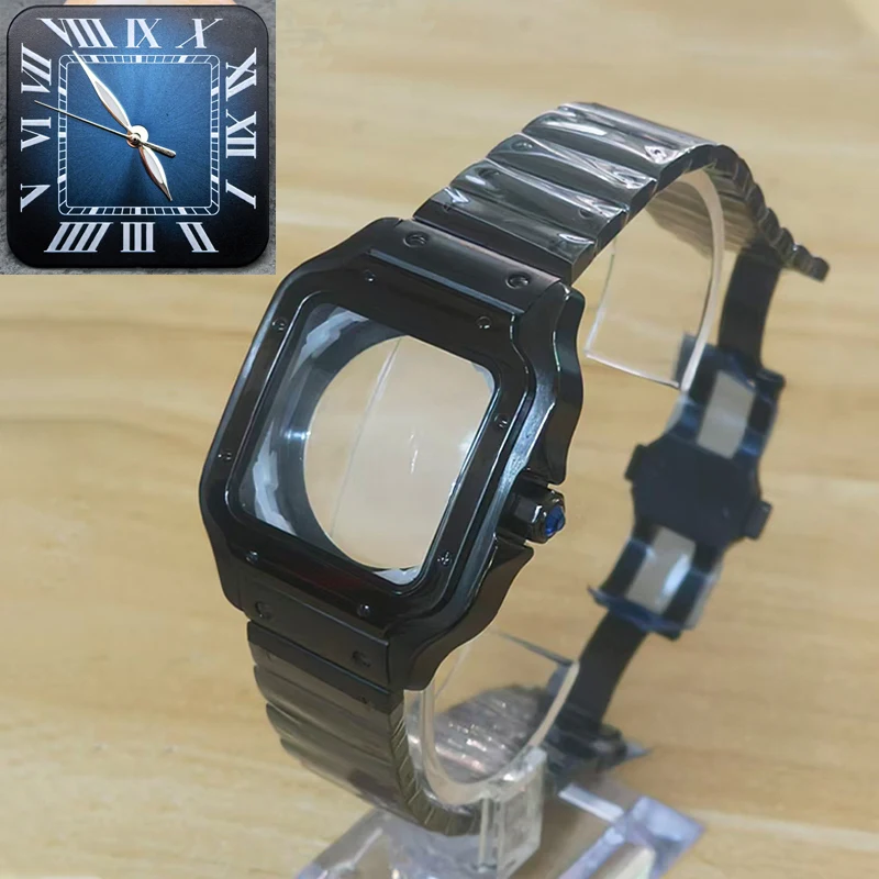 NH35 Case 38mm Square Santos Steel Case With 27mm Dial Mineral Coated Glass Fits NH35 NH36 4R 7S26 Movement Replace Watch Case