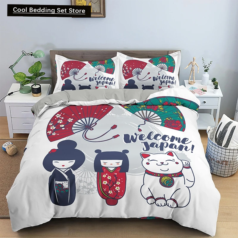 

Japanese Doll Printed King Queen Duvet Cover Cartoon Lucky Cat Bedding Set for Kids Girls Fan White 2/3PCS Polyester Quilt Cover