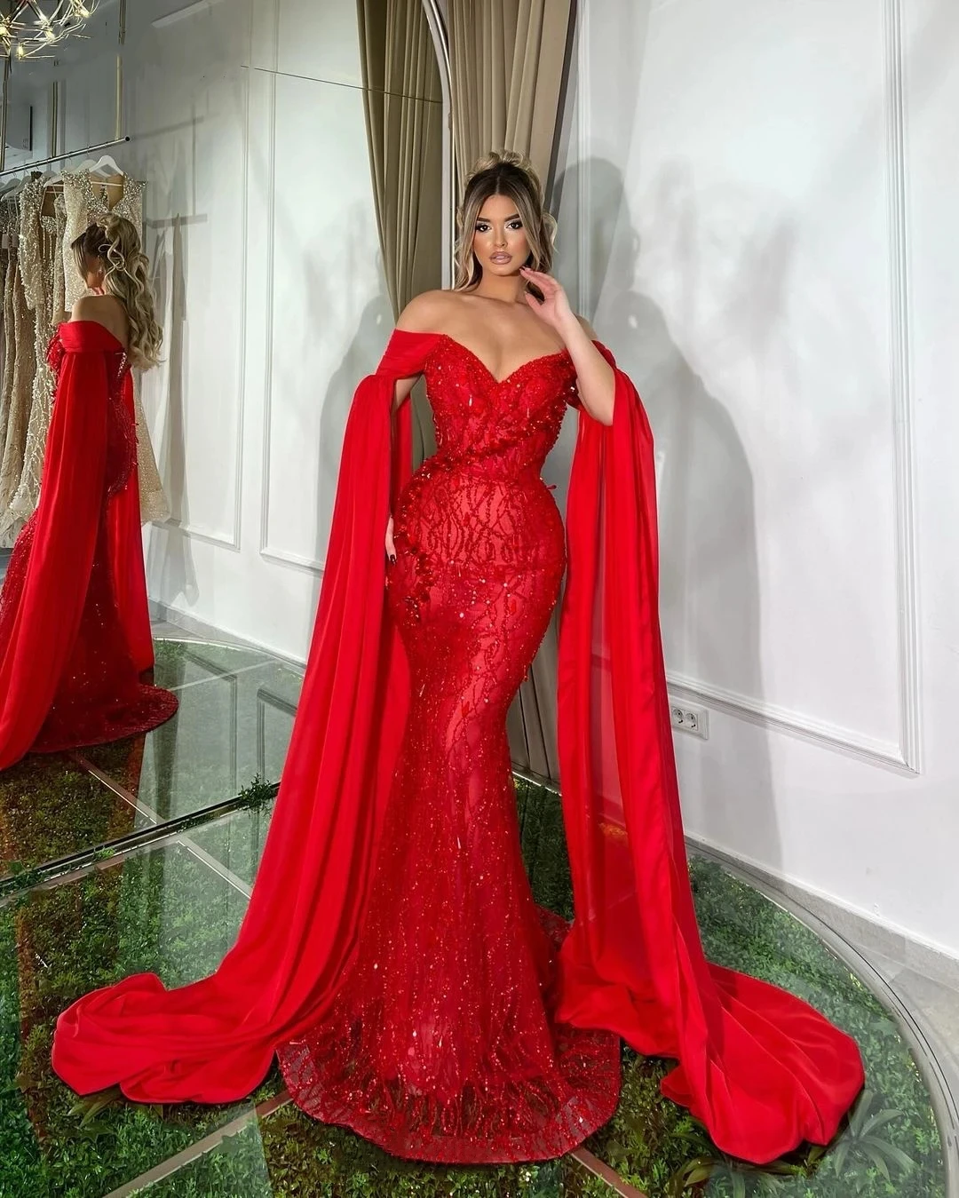 

Luxury Off Shoulder Sequine Crystal Beaded Mermaid Prom Dress Lace Up Formal Occasion Evening Dresses Custom Made