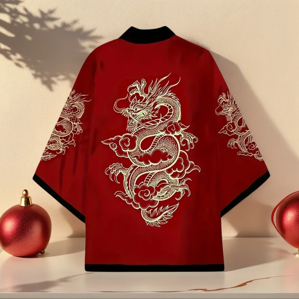 سترة كيمونو يابانية مطبوعة برسومات التنين هاوري يوكاتا توب الكبار التقليدية الساموراي كيمونو فضفاض للرجال والنساء #2