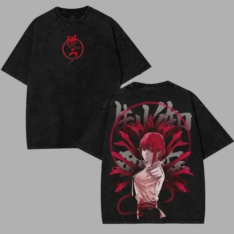 Anime Chainsaw Man Makima T-shir Vintage Washed Oversized T Shirt Men's Unisex Clothing Short Sleeve Pure Cotton Tees Tops