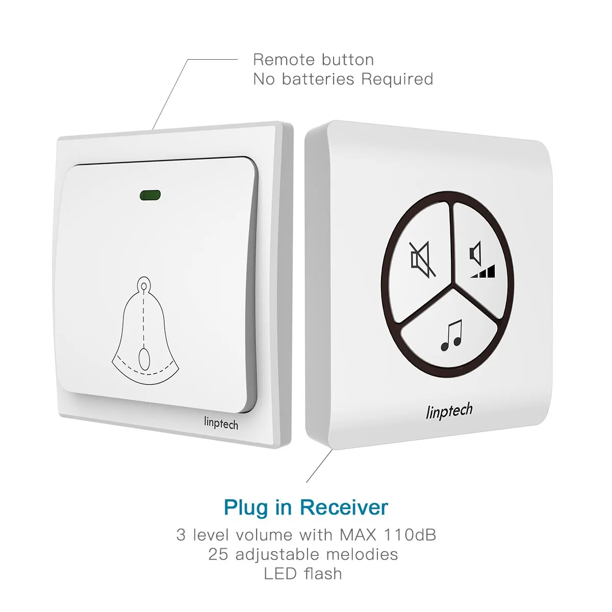 Linptech kabellose Türklingel mit eigener Strom versorgung g1, 3-stufige Lautstärke mit dB lautem Glockenspiel, ipx5 wasserdicht, ein Push-Mute, Relais und erweiterbar