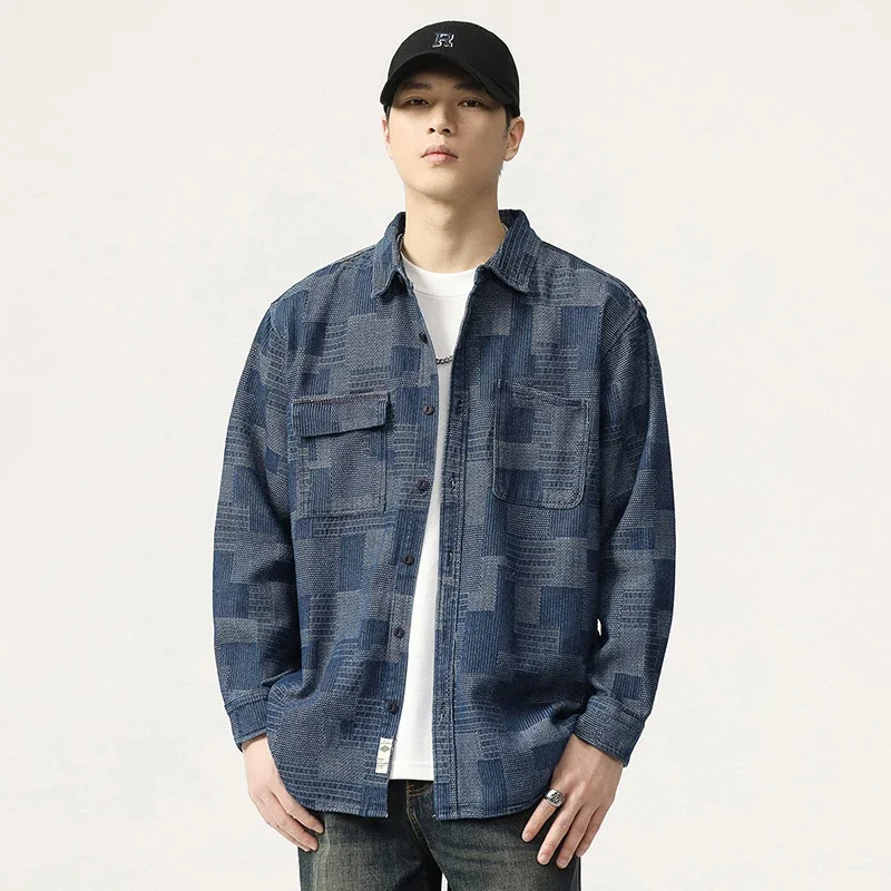 

Осенняя новая стильная американская повседневная джинсовая рубашка-рубашка для мужчин, мужская свободная повседневная джинсовая рубашка с открытыми плечами