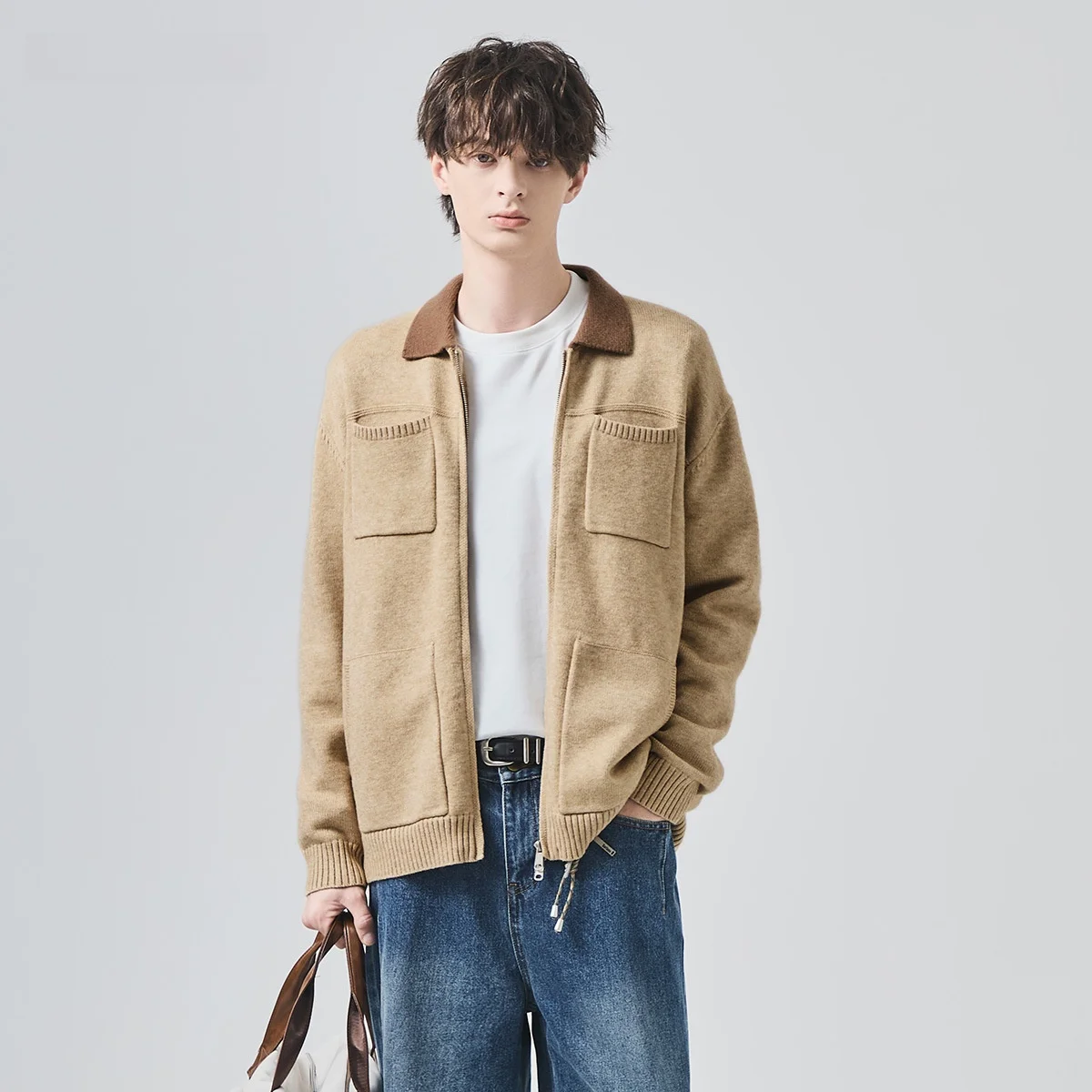 

Мужской свободный вязаный свитер-кардиган в корейском стиле с цветными блоками, осенне-зимняя верхняя одежда для молодых мужчин на каждый день