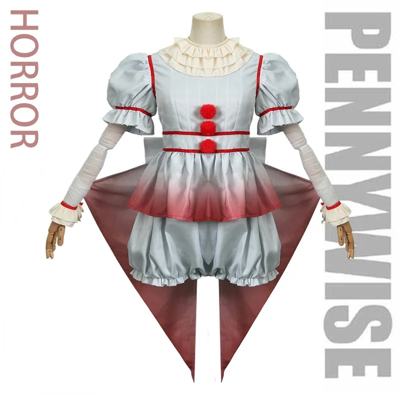 Halloween Joker Horrorfilm Penny wise Cosplay Kostüm Clown Terror Frauen Dienst mädchen Kleid Karneval Party Kleidung Set für Erwachsene