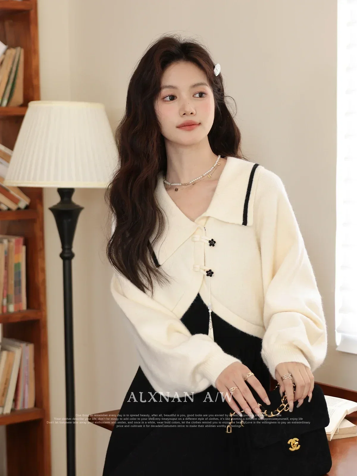 

ALXNAN Chinese Style Cardigan for Women Flower Button Irregular Lapel Collar Fall Winter Knit Sweater Sold Separately LXN32836SY