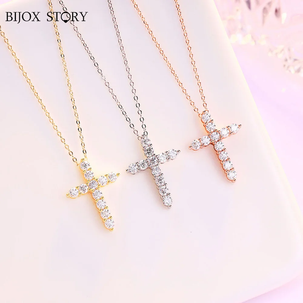 

BIJOX STORY 4mm Moissanite Cross Pendant Necklace Original Sterling Sliver Chain Plated 18k White Gold Fine Necklace for Women