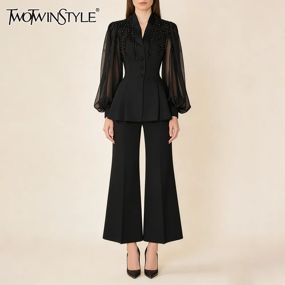 

TWOTWINSTYLE Black Spliced Beads Two Piece Set Female V Neck Long Sleeve Jacket Elegant Commute Women's Pants Sets Fashion New