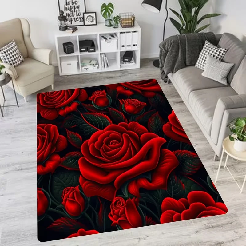 Rote Rose Blumendruck Teppich Wohnzimmer Teppich Schlafzimmer Nachttisch rutschfeste Bodenmatte Home Balkon Matten Kinderspielteppich Valentinstag