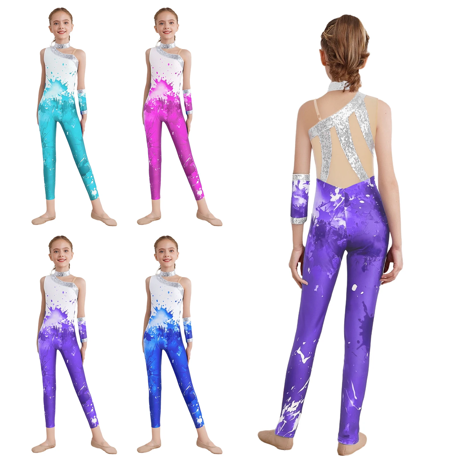 Meninas um ombro mangas ballet dança collant brilhante lantejoulas bodysuit completo + luva patinação artística ginástica macacão treino