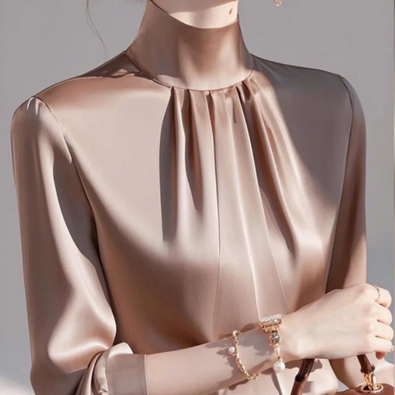 French Brown Satin Shirt Tops for Women's Spring 2025 New High-end Commuter Shirt