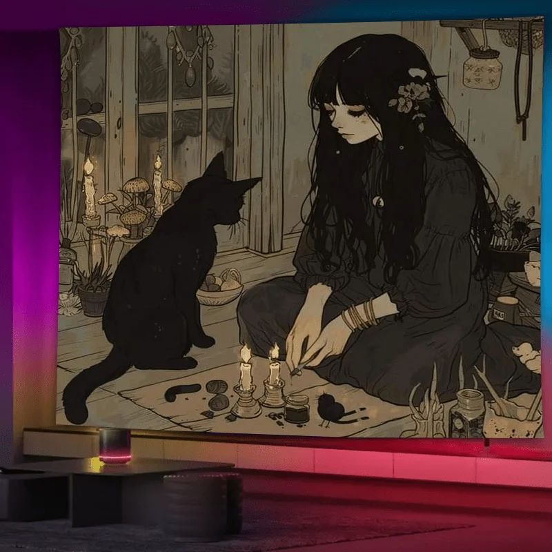 نسيج السحر الغامض يتميز بفتاة مع قطة سوداء وشموع، مثالي لإضافة سحري وساحر