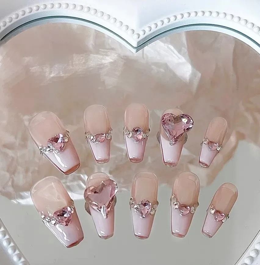 

10pcs Pink Ballerina Mid Length With Heart Rhinestone Designed Charm Press On Nails With Glue Bling Artificial Nails For Girls