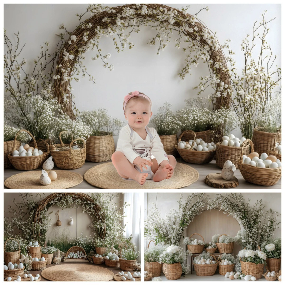 

Easter Baby Shower Portrait Backdrop Arched Wooden White Flowers Eggs Maternity Dresses Photoshoot Background for Photographs