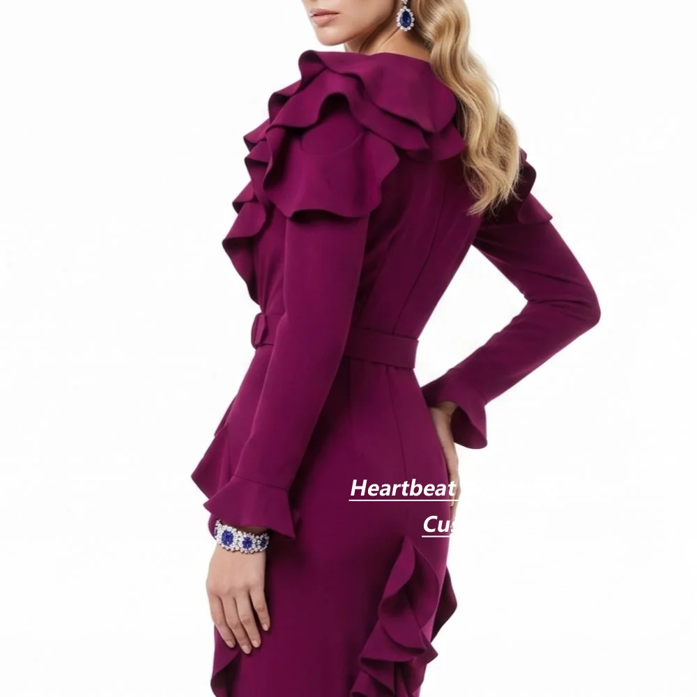 Customized Fuchsia Ruffled Mermaid Mother Of The Bride Gown V Neck Long Sleeve With Belt Formal Wedding Guest Evening Dress