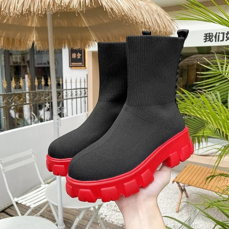 New Sock Boots Women Casual Fashion Knitting Booties Woman Platform Shoes 2021, Autumn Winter Slip-on Wedges Ankle Botas De Mujer