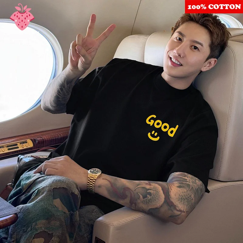 

Good smiling face Print Men Summer 2025 New 100%Cotton American Short sleeves Couple T-Shirt Loose Casual Y2k Top Male clothing