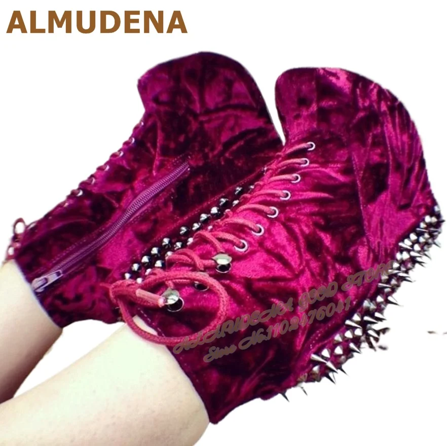 

ALMUDENA Fuchsia Velvet Rivets Wedged Heel Ankle Boots Platform Lace-Up Spikes Short Boots Punk Style Fall Winter Dress Shoes