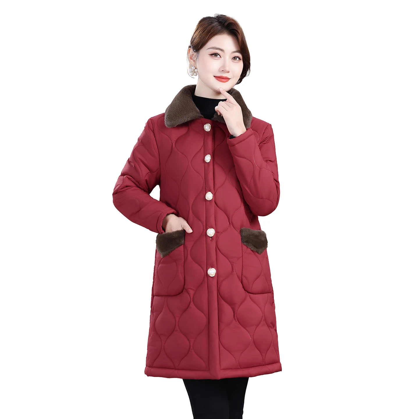 

Хлопковое пальто средней длины для женщин, теплая куртка на флисовой подкладке, стильная зимняя плюшевая толстая одежда для пожилых людей среднего возраста