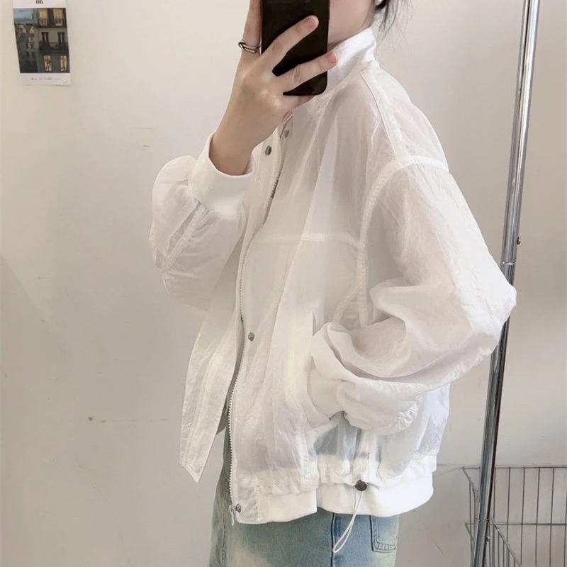 4 Colors Jackets Women Baggy Thin Sunscreen Leisure Korean Style Shirring Sweet Sporty American  Outerwear New Summer Retro