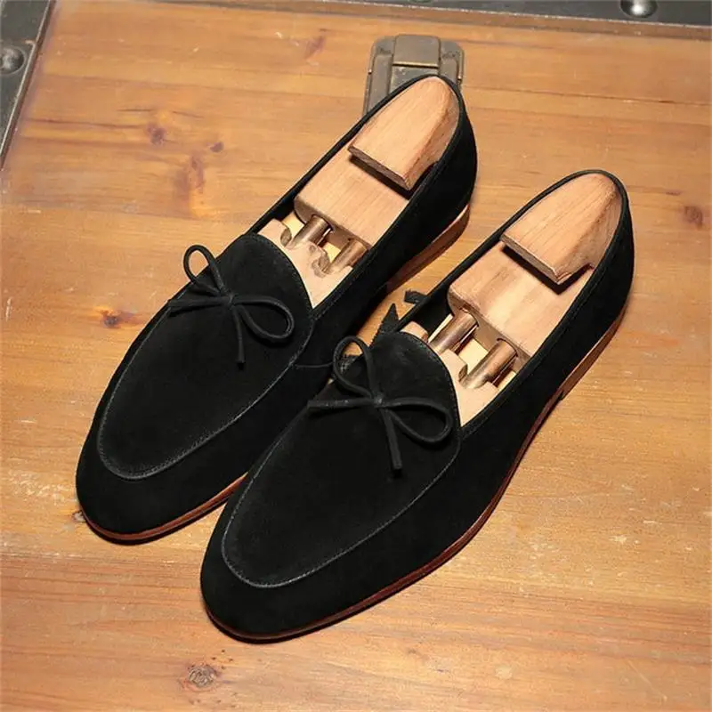 New Men Loafers Green Faux Suede Round Toe Low Heel Small Bow Fashion Business Casual Wedding Party Dress Shoes