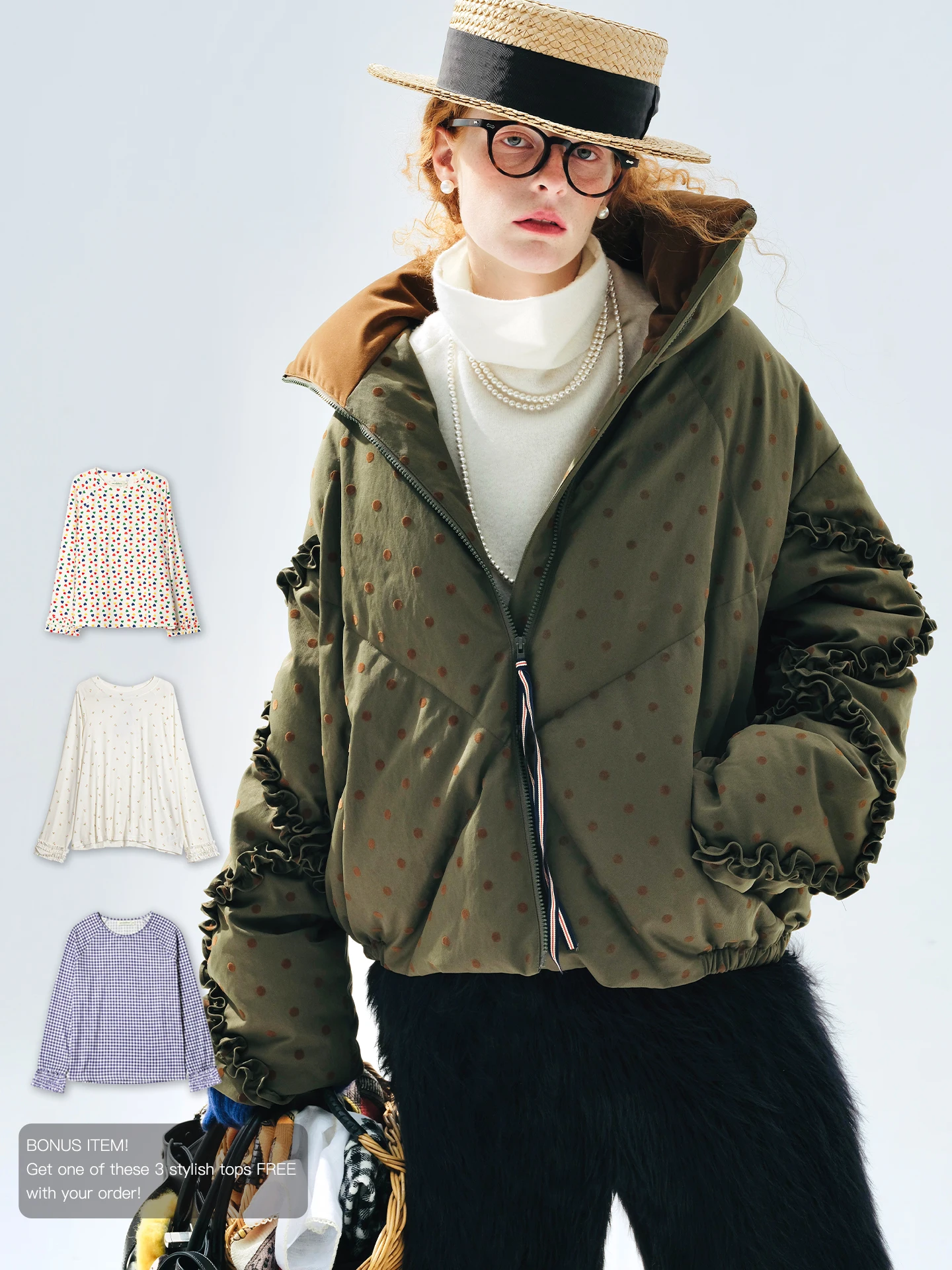 

Polka Dot Ruffle Short Down Jacket, High - Neck Contrast, Autumn & Winter Outing, Sweet - Cool Playful Vibe 255275