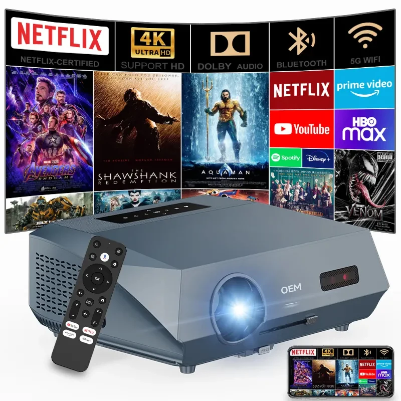 [مرخص وصوت دولبي] جهاز عرض فيديو 4K Android TV للأفلام الخارجية، مدمج على YouTube/PrimeVideo