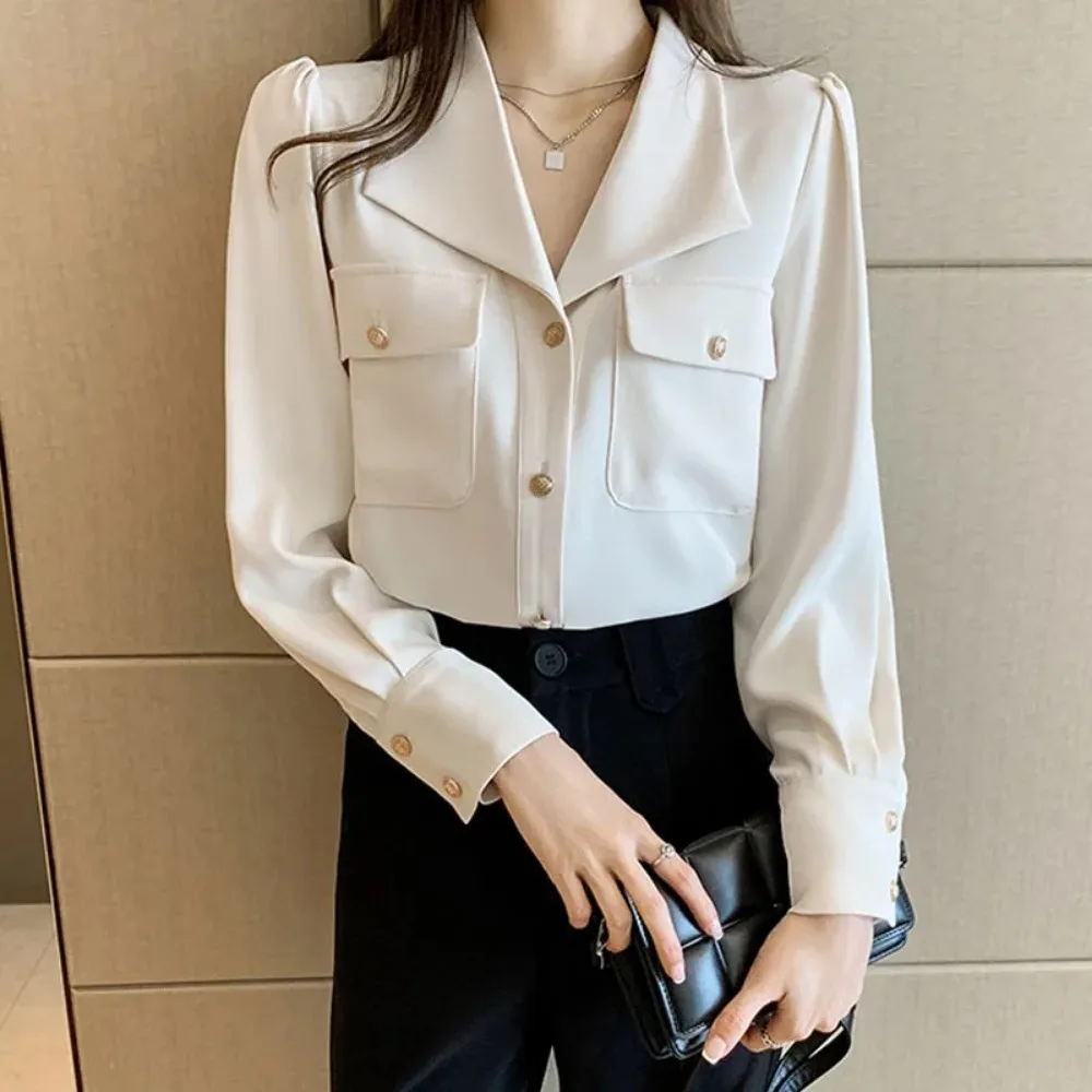 

Elegant Chiffon Women's Shirt Fashion French Drop Neck Long Sleeve Button White Shirt Top Korean Women's Casual Clothing