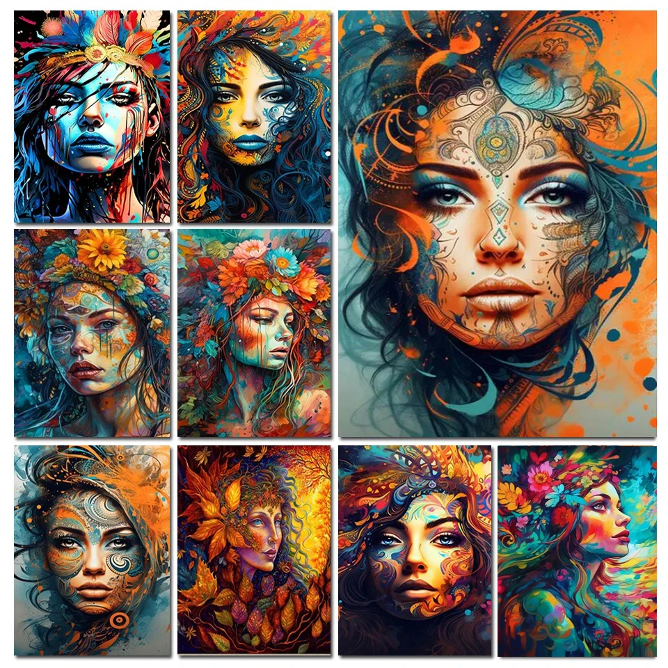 Psychedelic Face DIY Diamond Painting Blue Eyed Woman with Colorful Face Tattoos Diamond Mosaic Embroidery For Home Decor X1449