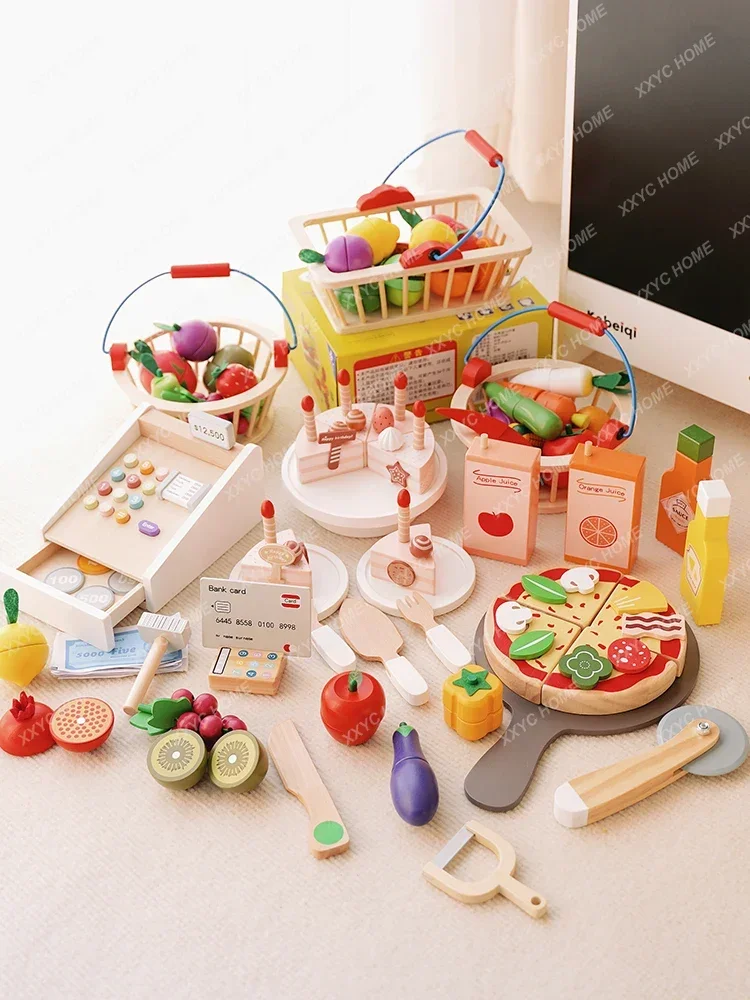 

Wooden Fruit and Vegetable Model Slicer Children Play House Kitchen Convenience Store Boys and Girls Cake Cash Register Toys