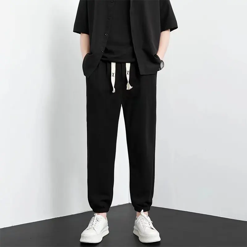 

Summer Thin Casual Men's Loose Harlan Drapey Dstring Sport Nine Points Elastic Waist Pants Trendy Loose Fit Polyester Blend