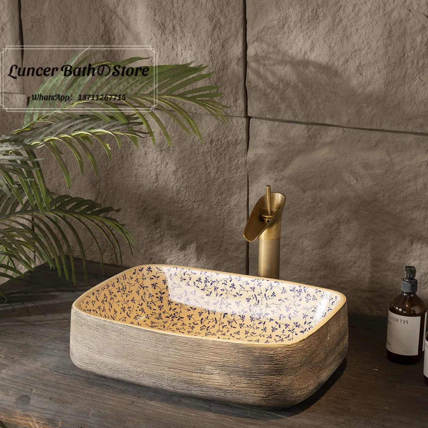 Jingdezhen Vintage Wood Texture Countertop Basin, Blue White Floral Ceramic Hand Wash Sink for Bathroom, Premium Home Decor