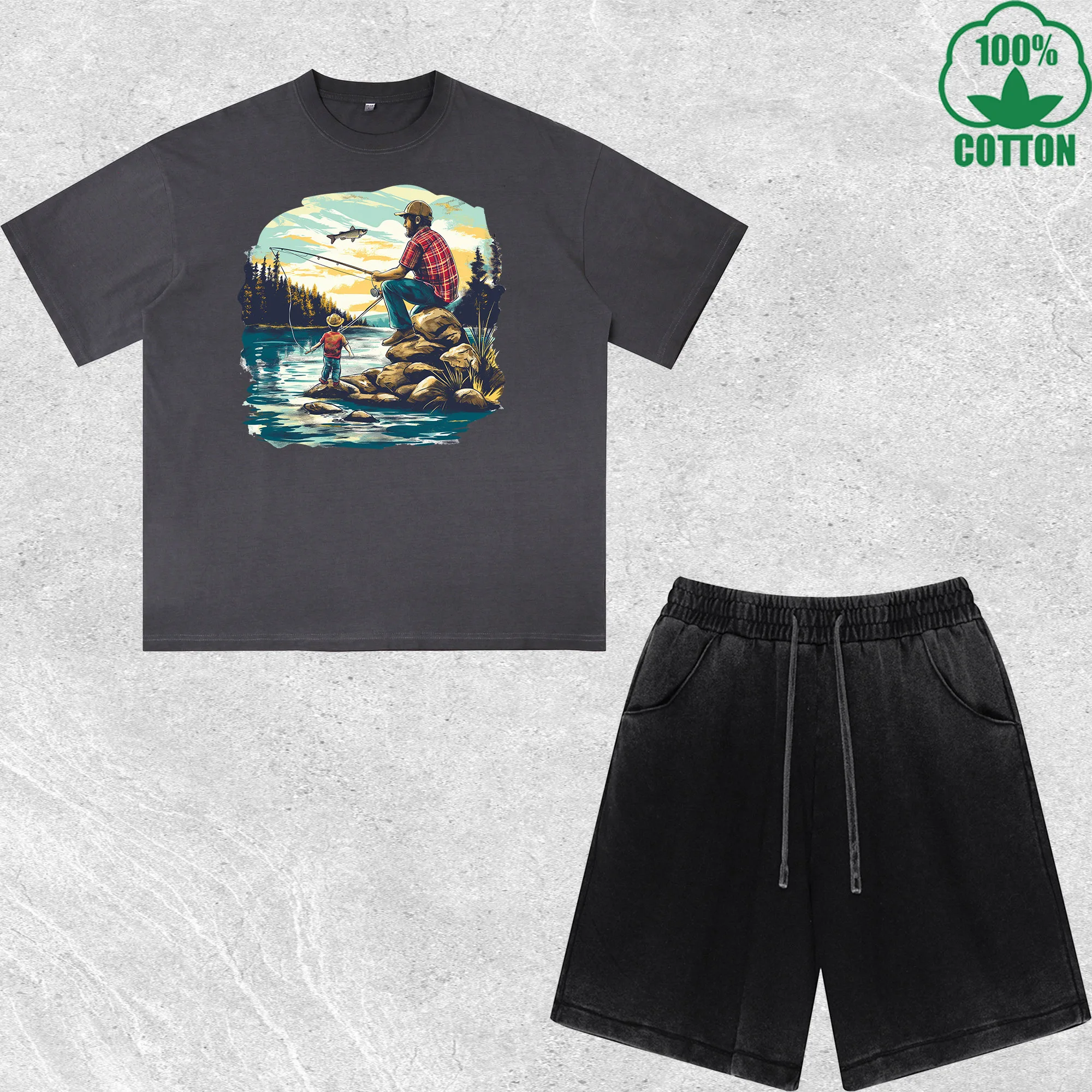 

The Fishing Legend Printed Dirty Wash T-Shirt Shorts Set Combo Loose Trendy Fashionable 100%Cotton Black Suit