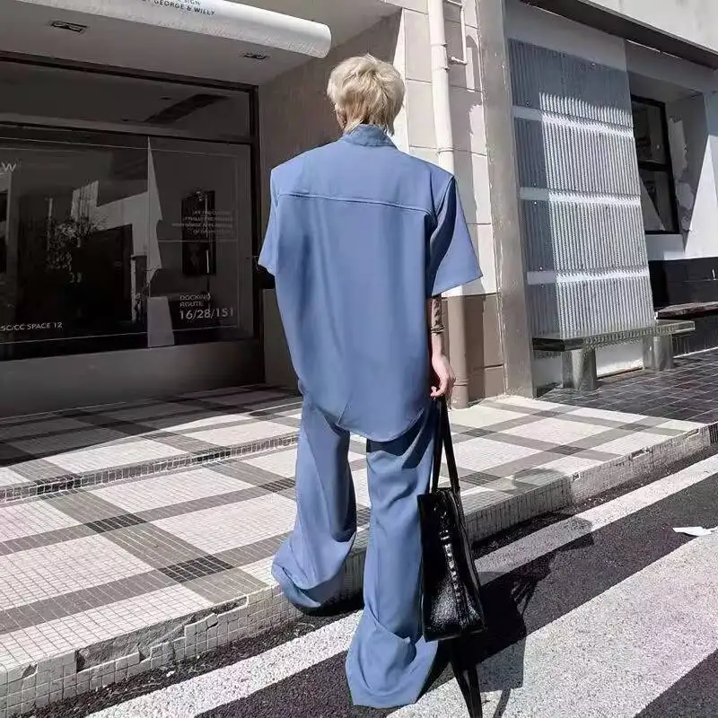 Summer Tie Decorated Short Sleeve Shirt Set For Men Designed Wide-Leg Trousers Draped Effect Two-Piece Trendy Pants Blue Black