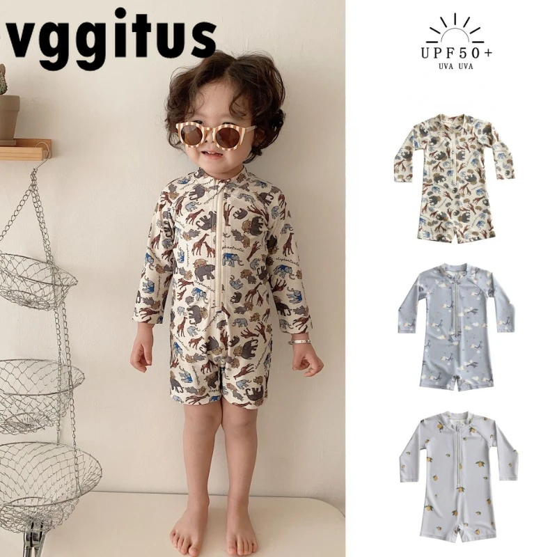 New Summer Boys One Piece Swimsuit Cute Print Long Sleeve O-neck Zipper Swimwear+Cap Kids Sun Protection Swimming Clothes E8077