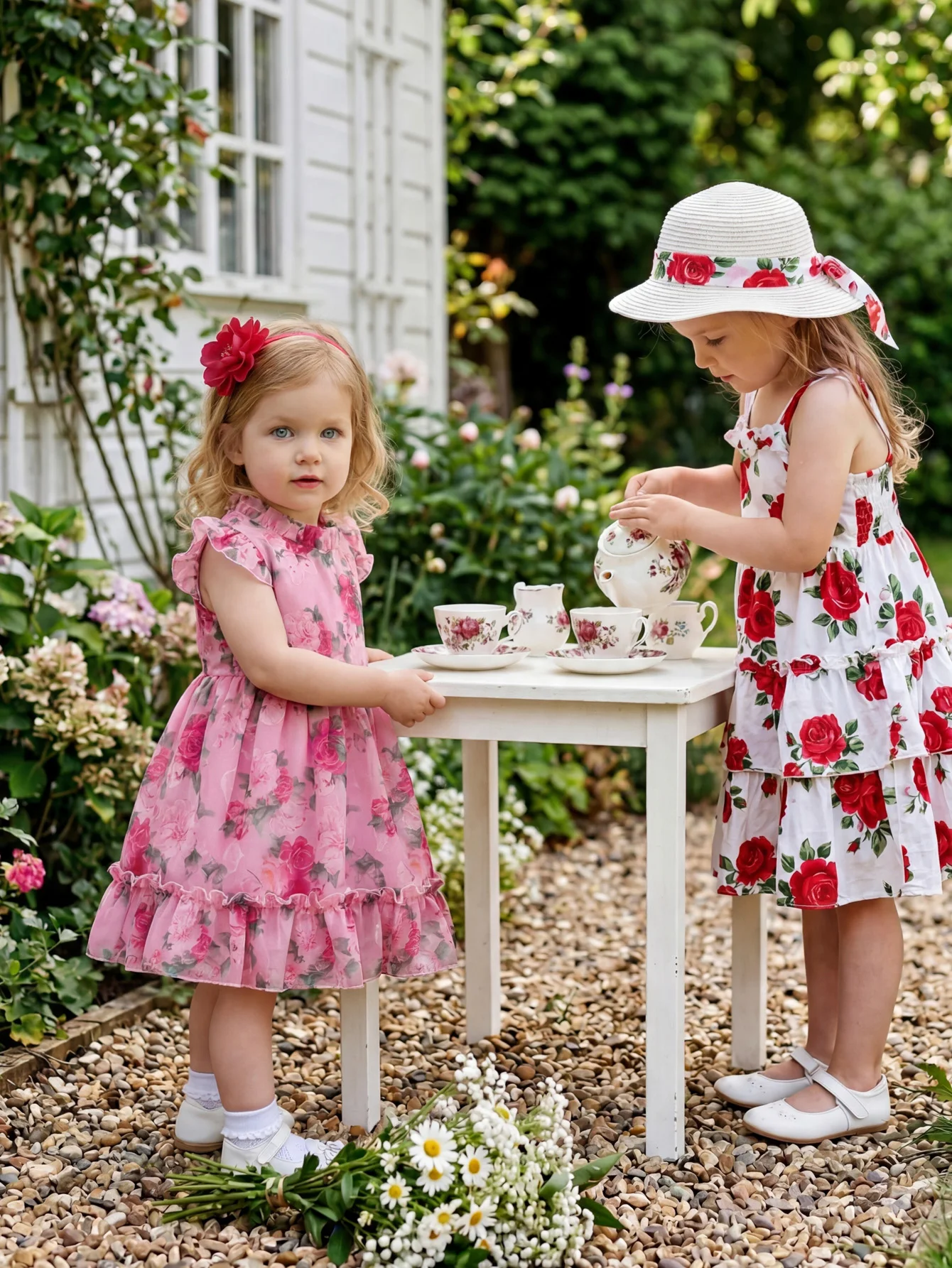 

Baby Girl Pink Rose Print Dress, Chiffon Ruffle Sleeve, Soft & Skin-Friendly, Perfect for Daily & Party Wear