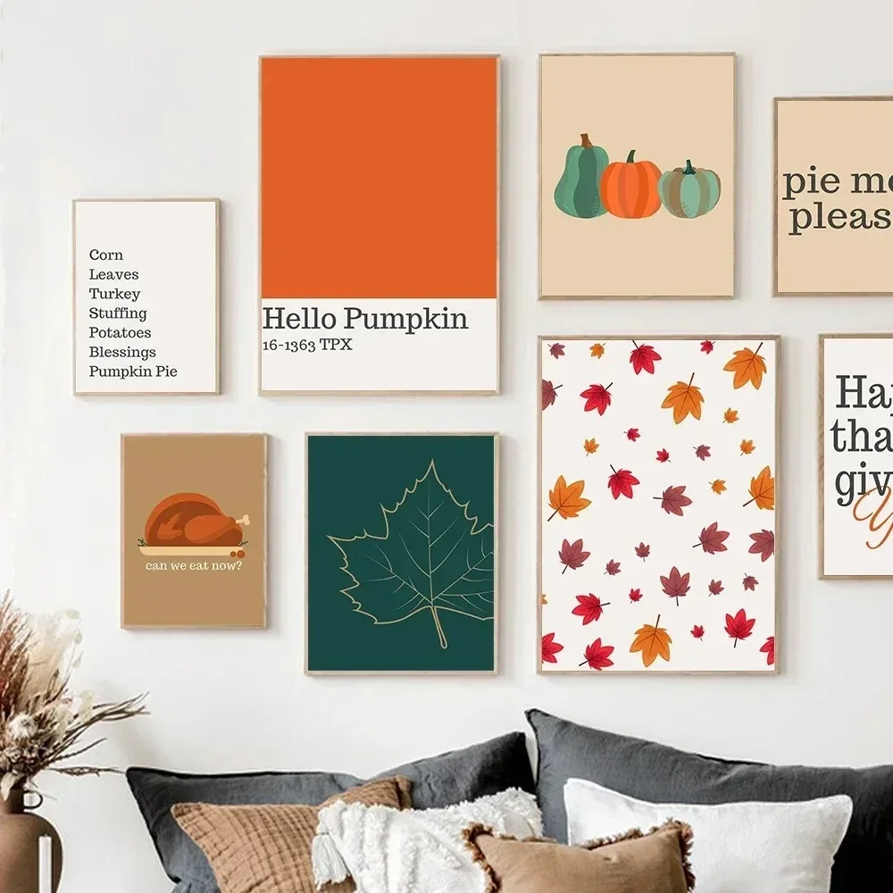 Thanksgiving Roast Turkey Art Poster Canvas Nordic Quote Wall  Fall Maple Leaf Pumpkin Vegetable Painting Living Room Home Decor