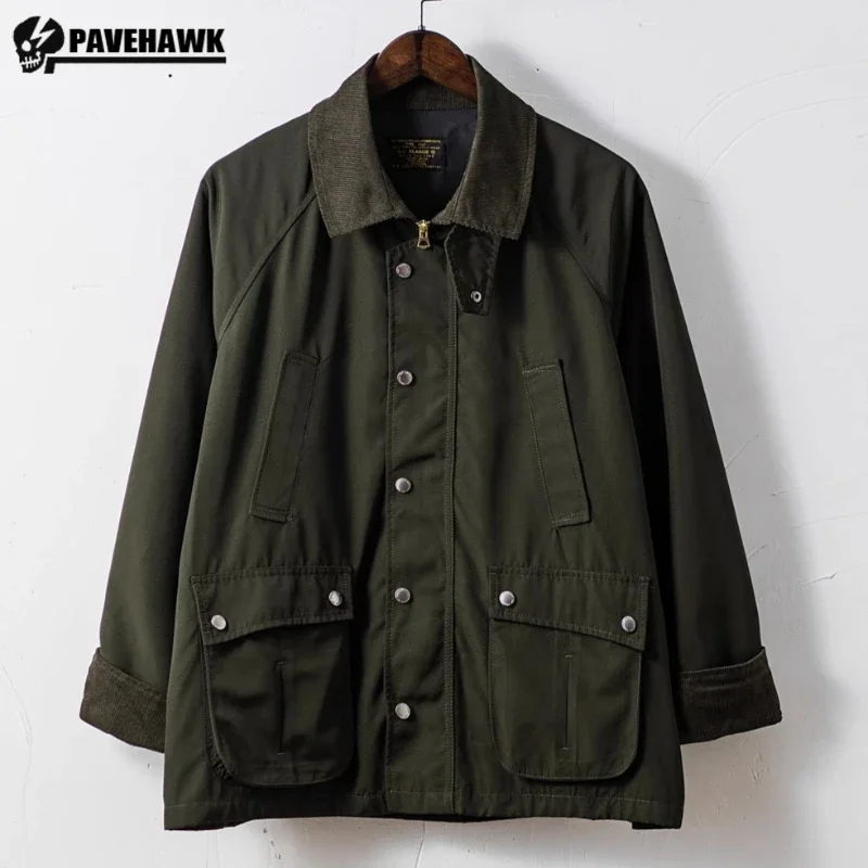 Green American Corduroy Hunting Jacket Mens Heavy Windproof Motorcycle Lapel Coats Multi Pocket Retro Tactical Pilot Outwear