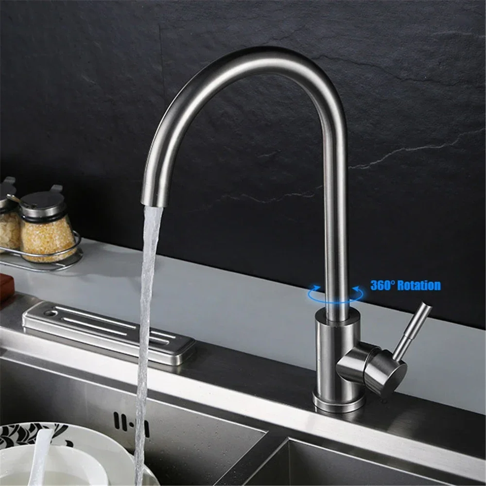 Perfecte kwaliteit 304 roestvrijstalen draaibare keukenkraan, enkelgats, op het blad gemonteerde, geborstelde wastafelkraan, keukenmixer