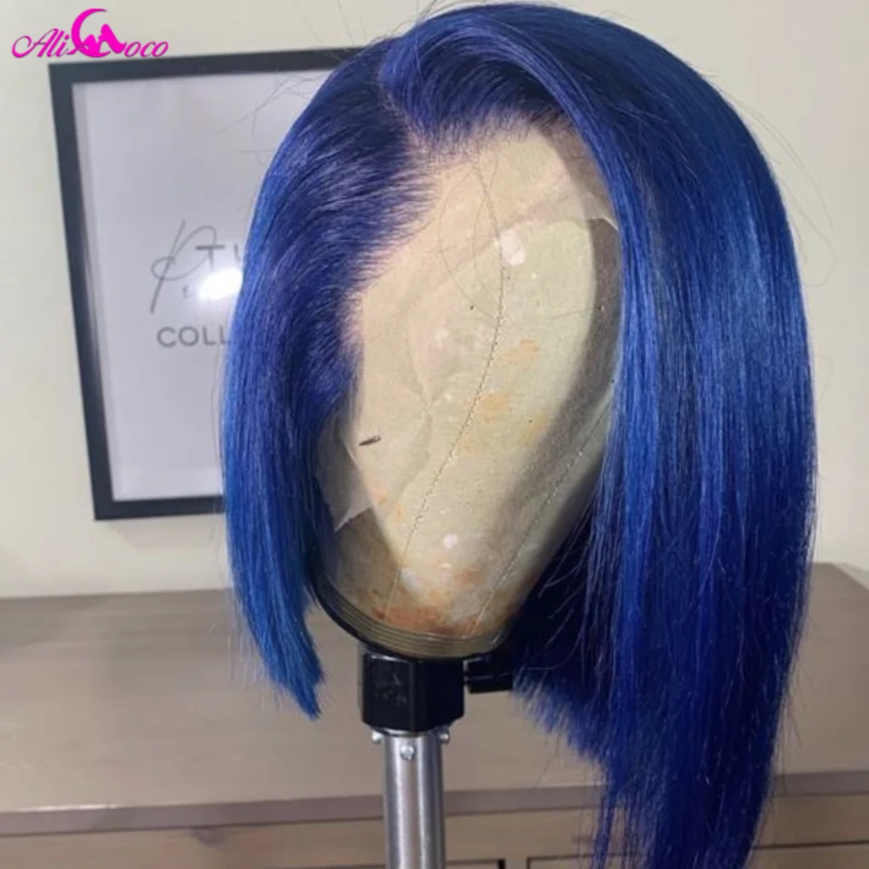 Peluca de cabello humano liso de 13x4 para mujer, postizo de encaje Frontal transparente, corte Bob corto, color azul