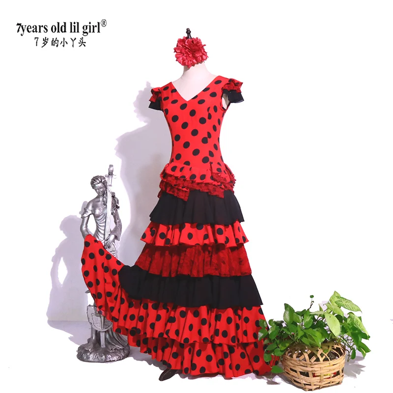 Vestido de dança espanhola lilgirl de 7 anos, vestido de flamenco, feminino, GI13