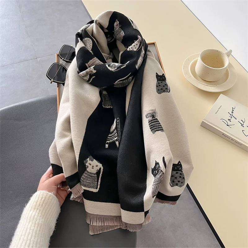 2024 Luxury Cute Cat Print Scarf for Women Warmer Winter Cashmere Pashmina Scarves Shawls Female Thick Blanket Wraps Foulard