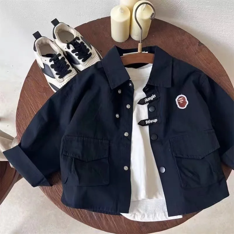 Children\'s Shirt 2024 Spring and Autumn New Product For Boys Big Pocket Jacket Shirt Baby Personalized Versatile Coat